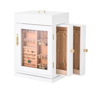 VEVOR Joyero, Joyero Giratorio de 360° con Puerta Magnética, Ventana de Acrílico y 4 Ganchos para Collares Integrados, Asas de Metal, Almohadilla Inferior y Forro de Franela Suave, Color Blanco