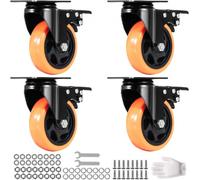 VEVOR Ruedas Giratorias con Placa Juego de 4 Ruedas para Muebles, Ruedas Silenciosas de PVC de 101,6 mm con Freno de Bloqueo A/B, Capacidad de Carga de 159 kg por Rueda para Carros de Banco de Trabajo