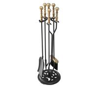 VEVOR Juego de 5 Herramientas para Chimenea de Hierro Forjado, con Soporte de Cinco Puntas, Pinzas, Pala para Cenizas, Cepillo y Atizador, Interior y Exterior, Negro y Latón, 770 x 225 x 225 mm
