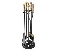 VEVOR Juego de 5 Herramientas para Chimenea de Hierro Forjado, con Soporte de Cinco Puntas, Pinzas, Pala para Cenizas, Cepillo y Atizador, Interior y Exterior, Negro y Latón, 770 x 225 x 225 mm