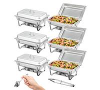 VEVOR Juego de 6 Platos de Cocina De 7,5 L Cada Uno de Acero Inoxidable con 6 Sartenes de Tamaño Completo Servidor Rectangular con Tapa Bandeja de Agua Soporte Plegable Bandeja de Combustible