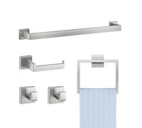 VEVOR Juego de Accesorios de Baño, Acero Inoxidable 304, con Toallero y Toallero Anillo Cuadrado, 2 Ganchos y Portarrollos de Papel Higiénico, para Baño, en Pared, 598 x 50 x 80 mm, Plata, 5 uds