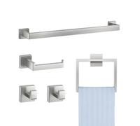 VEVOR Juego de Accesorios de Baño, Acero Inoxidable 304, con Toallero y Toallero Anillo Cuadrado, 2 Ganchos y Portarrollos de Papel Higiénico, para Baño, en Pared, 598 x 50 x 80 mm, Plata, 5 uds