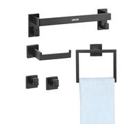VEVOR Juego de Accesorios de Baño, Acero Inoxidable, con Toallero, Toallero Cuadrado, 2 Ganchos y Portarrollos Papel Higiénico, para Baño, Montaje en Pared, Negro Mate, 400 x 100 x 78 mm, 5 uds