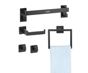 VEVOR Juego de Accesorios de Baño, Acero Inoxidable, con Toallero, Toallero Cuadrado, 2 Ganchos y Portarrollos Papel Higiénico, para Baño, Montaje en Pared, Negro Mate, 400 x 100 x 78 mm, 5 uds