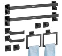 VEVOR Juego de Accesorios de Baño, con 2 Toalleros, 2 Porta Toallas Anillo Cuadrado, 2 Ganchos de 4 Piezas y 2 Portarrollos de Papel Higiénico, en Pared, Negro Mate, 10 uds, 595 x 100 x 80 mm