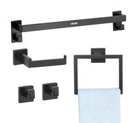 VEVOR Juego de Accesorios de Baño, de Acero Inoxidable, con Toallero y Toallero Anillo Cuadrado, 2 Ganchos y Portarrollos de Papel Higiénico, para Baño, en Pared, Negro, 595 x 100 x 80 mm, 5 uds