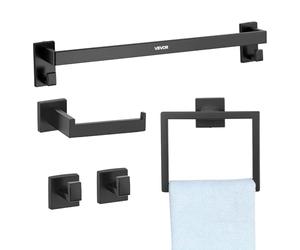 VEVOR Juego de Accesorios de Baño, de Acero Inoxidable, con Toallero y Toallero Anillo Cuadrado, 2 Ganchos y Portarrollos de Papel Higiénico, para Baño, en Pared, Negro, 595 x 100 x 80 mm, 5 uds