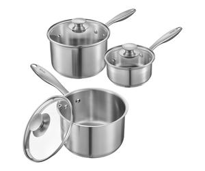 VEVOR Juego de Cacerolas de Acero Inoxidable, 1 QT & 2 QT & 3 QT con Tapas de Vidrio, Cacerola Multiusos Antiadherente con Mango Ergonómico, Compatible con Horno, Lavavajillas y Cocina de Inducción