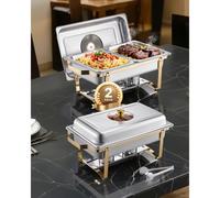 VEVOR Juego de Calentador de Alimentos Acero Inoxidable con 4 Recipientes Tamaño Medio(4 L Cada Uno), Rectangular, con Tapa Vidrio y Soporte a Bandeja de Agua y Depósito de Combustible, Dorado