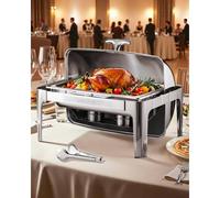 VEVOR Juego de Calentador de Alimentos Acero Inoxidable con Sartenes(8,5 L), Rectangular, Tapa Enrollable y Soporte para Bandeja Agua y Depósito de Combustible, para Bufé, Plata, Gran Capacidad