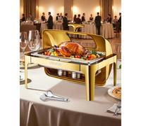 VEVOR Juego de Calentador de Alimentos Acero Inoxidable con Sartenes Tamaño Completo(8,5 L), Rectangular, con Tapa Visible y Soporte para Bandeja de Agua y Depósito de Combustible, Dorado, 1 ud
