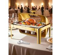 VEVOR Juego de Calentador de Alimentos Acero Inoxidable con Sartenes Tamaño Completo(8,5 L), Rectangular, con Tapa Visible y Soporte para Bandeja de Agua y Depósito de Combustible, Dorado, 1 ud