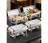 VEVOR Juego de Calentador de Alimentos de Acero Inoxidable con 2 Cacerolas de Tamaño Completo(7,5 L) y 4 Cacerolas de Tamaño Medio(4 L), Rectangular, para Catering con Tapa y Soporte, Dorado