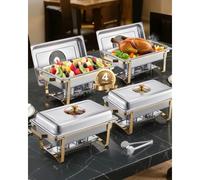VEVOR Juego de Calentador de Alimentos de Acero Inoxidable con 4 Recipientes de Tamaño Completo(7,5 L Cada Uno), Rectangular, con Tapa Visible y Soporte para Bandeja de Agua, para Fiestas, Dorado