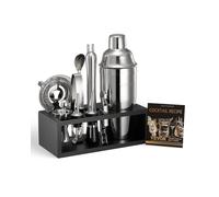 VEVOR Juego de Coctelera Acero Inoxidable con Soporte de Bambú, para Barman de Martini, Cuchara Mezcladora, Mortero, Medidor, Colador, Vertedor de Licor, Pinza para Hielo, Sacacorchos, Plata