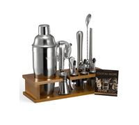 VEVOR Juego de Coctelera Lujoso Acero Inoxidable con Soporte de Bambú, Cuchara Mezcladora, Mortero, Medidor, Colador, Vertedor de Licor, Pinza para Hielo, Sacacorchos, Plata. 285 x 110 x 275 mm