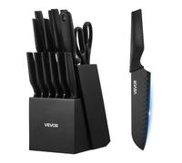 VEVOR Juego de Cuchillos de Cocina con Bloque de Madera y Afilador, con Cuchillos Afilados de Acero Inoxidable de Alto Carbono, con Mango Ergonómico de PP, Hoja 5CR15MOV, 15 Piezas, Color Negro
