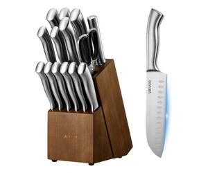 VEVOR Juego de Cuchillos de Cocina, con Bloque de Madera y Afilador, con Cuchillos Afilados de Acero Inoxidable de Alto Carbono, con Mango Ergonómico, 15 Piezas, 123 x 190 x 345 mm, Color Plata