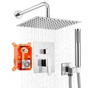 VEVOR Juego de Grifo de Ducha de Lluvia con Cabezal de Ducha Cuadrado 25,4 cm y Rociador de Mano, Grifería de Baño de Pared con Válvula de Latón y Kit de Embellecedor, 6,7 L/min, Cromado Plateado