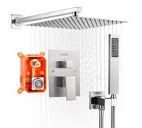 VEVOR Juego de Grifo de Ducha de Lluvia con Cabezal de Ducha Cuadrado 25,4 cm y Rociador de Mano, Grifería de Baño de Pared con Válvula Latón y Kit de Embellecedor, 6,7 L/min, Níquel Cepillado