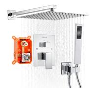 VEVOR Juego de Grifo de Ducha de Lluvia con Cabezal de Ducha Cuadrado 30,5 cm y Rociador de Mano, Grifería de Baño de Pared con Válvula Latón y Kit de Embellecedor, 6,7 L/min, Cromado Plateado