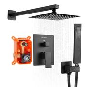 VEVOR Juego de Grifo de Ducha de Lluvia con Cabezal de Ducha cuadrado de 20,3 cm y Rociador de Mano, Grifería de Baño de Pared con Válvula de Latón y Kit de Embellecedor, 6,7 L/min, Negro Mate