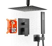 VEVOR Juego de Grifo de Ducha de Lluvia con Cabezal de Ducha Cuadrado de 25,4 cm y Rociador de Mano, Grifería de Techo con Válvula de Latón y Kit de Embellecedor, 6,7 L/min, Color Negro Mate