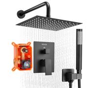 VEVOR Juego de Grifo de Ducha de Lluvia con Cabezal de Ducha Cuadrado de 25,4 cm y Rociador de Mano, Grifería de Baño de Pared con Válvula de Latón y Kit de Embellecedor, 6,7 L/min, Negro Mate
