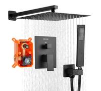 VEVOR Juego de Grifo de Ducha de Lluvia con Cabezal de Ducha Cuadrado de 30,5 cm y Rociador de Mano, Grifería de Baño de Pared con Válvula de Latón y Kit de Embellecedor, 6,7 L/min, Negro Mate