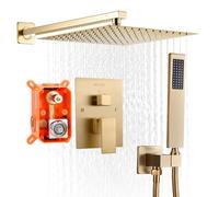 VEVOR Juego de Grifo de Ducha de Lluvia con Cabezal de Ducha Cuadrado de 30,5 cm y Rociador de Mano, Grifería de Baño de Pared con Válvula de Latón y Kit de Embellecedor, Color Oro Cepillado