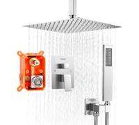 VEVOR Juego de Grifo de Ducha de Lluvia con Cabezal de Ducha Cuadrado de 30,5 cm y Rociador de Mano, Grifería de Techo con Válvula de Latón y Kit de Embellecedor, 6,7 L/min, Níquel Cepillado