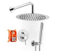 VEVOR Juego de Grifo de Ducha de Lluvia con Cabezal de Ducha Redondo 25,4 cm y Rociador de Mano, Grifería de Baño de Pared con Válvula de Latón y Kit de Embellecedor, 6,7 L/min, Cromado Plateado