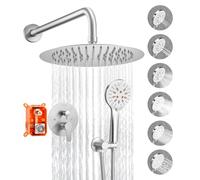 VEVOR Juego de Grifo de Ducha de Lluvia con Cabezal de Ducha Redondo 25,4 cm y Rociador de Mano, Grifería de Baño de Pared con Válvula de Latón y Kit de Embellecedor, 6,7 L/min, Níquel Cepillado
