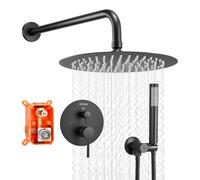 VEVOR Juego de Grifo de Ducha de Lluvia, con Cabezal de Ducha Redondo de 25,4 cm y Rociador de Mano, Grifería de Pared con Válvula de Latón y Kit de Embellecedor, 6,7 L/min, Color Negro Mate