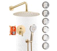 VEVOR Juego de Grifo de Ducha de Lluvia con Cabezal de Ducha Redondo de 25,4 cm y Rociador de Mano, Grifería de Baño de Pared con Válvula de Latón y Kit de Embellecedor, 6,7 L/min, Oro Cepillado