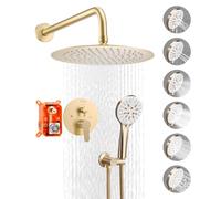 VEVOR Juego de Grifo de Ducha de Lluvia con Cabezal de Ducha Redondo de 25,4 cm y Rociador de Mano, Grifería de Baño de Pared con Válvula de Latón y Kit de Embellecedor, 6,7 L/min, Oro Cepillado