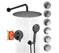 VEVOR Juego de Grifo de Ducha de Lluvia con Cabezal de Ducha Redondo de 30,5 cm y Rociador de Mano, Grifería de Baño de Pared con Válvula de Latón y Kit de Embellecedor, 6,7 L/min, Negro Mate