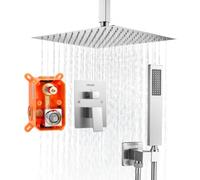 VEVOR Juego de Grifo de Ducha de Lluvia con Cabezal de Ducha Cuadrado de 30,5 cm y Rociador de Mano, Grifería de Techo con Válvula de Latón y Kit de Embellecedor, 6,7 L/min, Níquel Cepillado