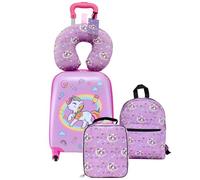 VEVOR Juego de Maletas para Niños 5 Piezas, Maleta de Cabina 45,7 cm, Mochila con Cojín Cervical, Bolsa de Comida y Etiqueta de Equipaje, Unicornio Rosado, Equipaje Infantil para Viaje Escuela Camping