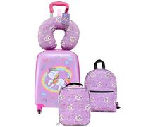 VEVOR Juego de Maletas para Niños 5 Piezas, Maleta de Cabina 45,7 cm, Mochila con Cojín Cervical, Bolsa de Comida y Etiqueta de Equipaje, Unicornio Rosado, Equipaje Infantil para Viaje Escuela Camping