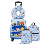 VEVOR Juego de Maletas para Niños 5 Piezas, Maleta de Cabina 45,7 cm, Mochila con Cojín Cervical, Bolsa para Comida y Etiqueta de Equipaje, Camión Azul, Equipajes Infantiles para Viaje Escuela Camping