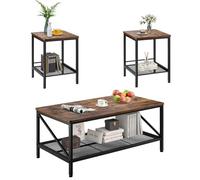 VEVOR Juego de Mesa de Salón de 3 Piezas, Mesa de Centro Industrial con Patas de Metal de 1050 x 600 x 460 mm con 2 Mesas Auxiliares Cuadradas, Fácil de Montar para Oficina, Salón y Apartamento