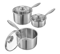 VEVOR Juego de Ollas y Cacerolas 0,95 + 1,89 + 2,84 L con Tapa de Cristal, para Sopa y Verduras con Mango Ergonómico, de Acero Inoxidable, Apta para Lavavajillas, Acabado Metálico Natural, 3 uds