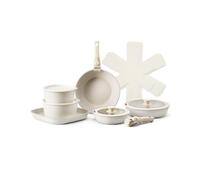 VEVOR Juego de Ollas y Sartenes Antiadherentes con Mango Desmontable, de Inducción, Compacto, para Cocina de Autocaravana, con Tapas de Vidrio Templado para Freír, Salsas y Saltear, Blanco, 17 uds
