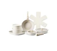 VEVOR Juego de Ollas y Sartenes Antiadherentes con Mango Desmontable, de Inducción, Compacto, para Cocina de Autocaravana, con Tapas de Vidrio Templado para Freír, Salsas y Saltear, Blanco, 17 uds