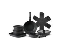 VEVOR Juego de Ollas y Sartenes Antiadherentes de Granito con Mango Desmontable, Utensilios de Cocina de Inducción Compactos, para RV con Freír, Salsas y Saltear, Tapa de Vidrio Templado, Negro