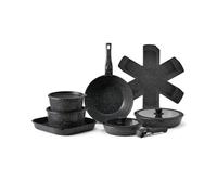 VEVOR Juego de Ollas y Sartenes Antiadherentes de Granito con Mango Desmontable, Utensilios de Cocina de Inducción Compactos, para RV con Freír, Salsas y Saltear, Tapa de Vidrio Templado, Negro