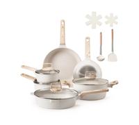 VEVOR Juego de Ollas y Sartenes de 17 Piezas, Antiadherentes de Granito, para Inducción, Apto para Cocina de Autocaravanas, con Tapas de Vidrio Templado y Protectores, Blanco