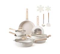 VEVOR Juego de Ollas y Sartenes de 17 Piezas, Antiadherentes de Granito, para Inducción, Apto para Cocina de Autocaravanas, con Tapas de Vidrio Templado y Protectores, Blanco